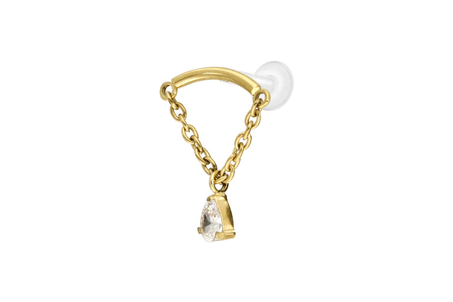PTFE Labret Piercing mit Innengewinde + Titan-Aufsatz BOGEN + KETTE + KRISTALLTROPFEN